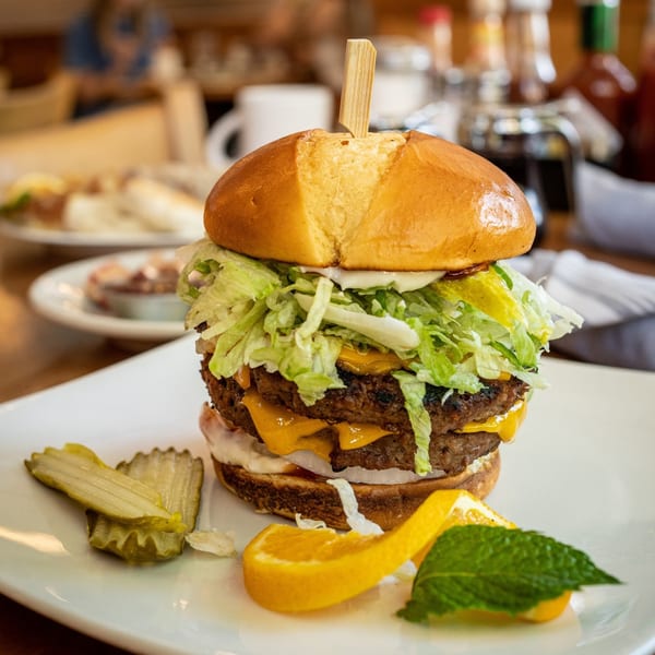 A double cheeseburger with lettuce, pickles, and a side of orange and mint on a white plate.